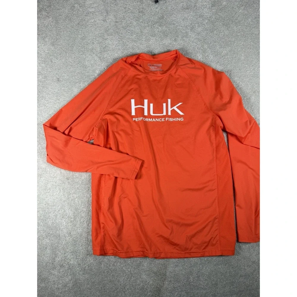 Huk‎ Performance Fishing Shirt Mens S Orange Long Sleeve UPF Polyester Beach Sun